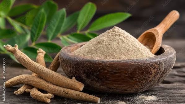 Ashwagandha root and powder, a leading Indian adaptogen, on a wooden surface
