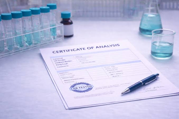 Certificate of Analysis document and laboratory testing paperwork