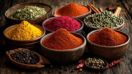 Assorted dried Indian herbs and spices in small bowls arranged on a wooden table
