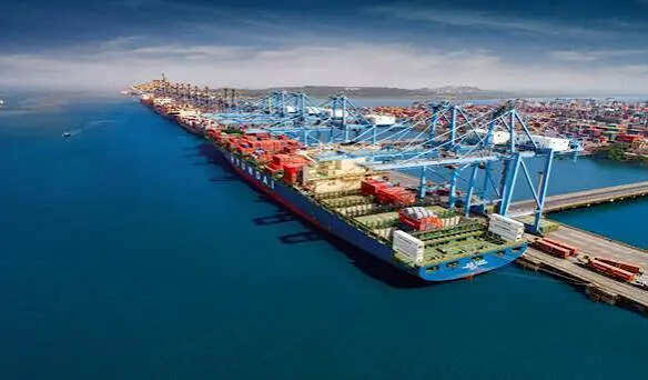 Aerial view of container ships at Nhava Sheva port Mumbai India for herbal ingredient export