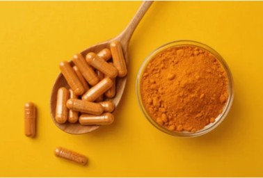Unbranded turmeric supplement capsules and powder sachets arranged for private-label product line development