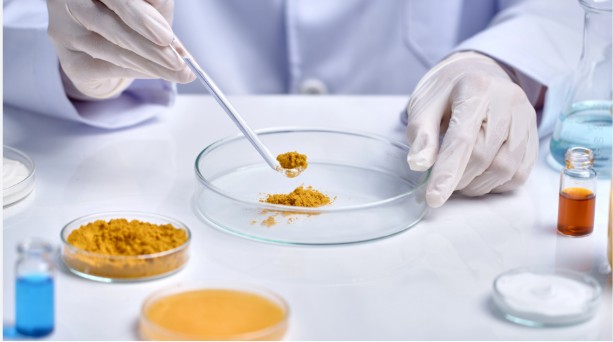 Laboratory technician running HPLC curcumin testing on a Lakadong turmeric sample before export