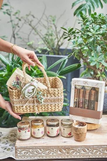 Herbal teas and wellness products arranged as a Ramadan gift hamper