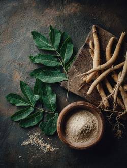Dried ashwagandha roots and tulsi leaves in a shallow wooden tray on a pale stone surface