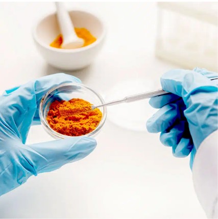 Laboratory analyst testing turmeric powder samples for lead chromate and dye adulteration before export