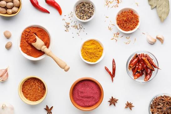 Six labeled turmeric powder samples from different Indian origins arranged beside a comparative price chart